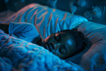 close up african teen girl sleeping in bed at night. black child sleep hygiene concept good night rest and wellness