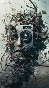 An imaginative depiction of a Hasselblad camera merging with a robotic entity
