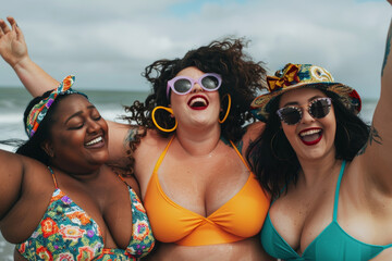 Young diverse chubby women in swim suits laughing on beach, multiracial plus size girls of different skin colors and bodies, african caucaisian and hispanic big female friends smiling summer portrait