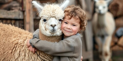 child hugging alpaca in petting zoo. kid embracing llama at farm, domestic animal zoo ad banner concept, horizontal with copy space