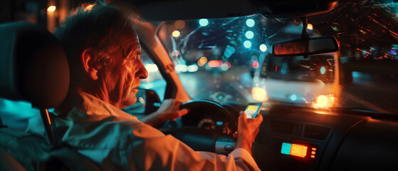 A man in a car at night is distracted by his smartphone, illustrating the danger of using a mobile phone while driving on a busy urban street.