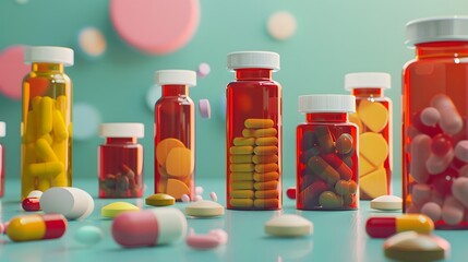 Different pills and bottles for pharmaceutical and healthcare medication - obrazy, fototapety, plakaty