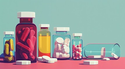 Different pills and bottles for pharmaceutical and healthcare medication