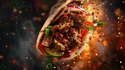 Fresh grilled beef Turkish or chicken Arabic shawarma doner sandwich with flying ingredients and spices - obrazy, fototapety, plakaty
