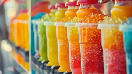 Summer cool slush or smoothie iced fruit juice dispenser machine, showcasing refreshing chilled drinks in multi-colored containers