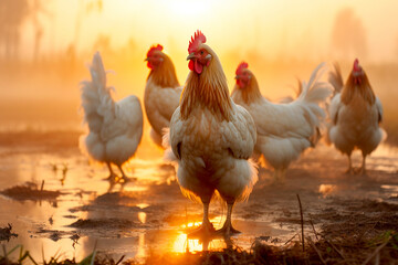 A beautiful white hen close-up stands with a flock of chickens against the background of a rural landscape, poultry yard, portrait, morning, dawn