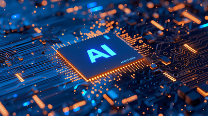 Create a image of a Radient Blue colored letters of "AI" written on a black colored semi conductor chip against a digital technology background.