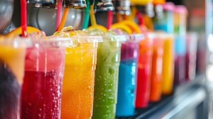 Summer cool slush or smoothie iced fruit juice dispenser machine, showcasing refreshing chilled drinks in multi-colored containers