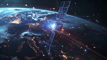 Telecom communication satellite orbiting around the globe Earth, featuring futuristic technology datum hologram information