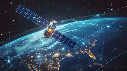 Telecom communication satellite orbiting around the globe Earth, featuring futuristic technology datum hologram information - obrazy, fototapety, plakaty