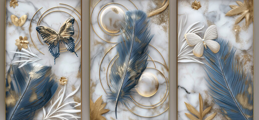 panel wall art, marble background with feather and flower designs and butterfly silhouette , wall decoration	 - obrazy, fototapety, plakaty