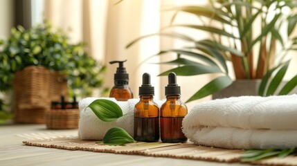 Fototapeta na wymiar Wellness spa products with natural green plants