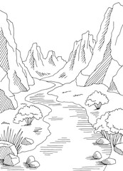 Canyon river graphic black white desert mountain vertical landscape sketch illustration vector 