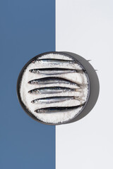 Anchoas frescas dentro de un plato lleno de sal sobre fondo azul y blanco. Vista superior	
