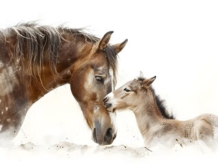 Obraz premium A Tender Embrace A Mare and Her Foal Sharing a Heartwarming Moment in the Snowy Landscape