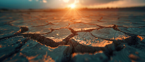 close-up of cracked surface soil ground in hot desert with hot sunlight created with Generative AI Technology