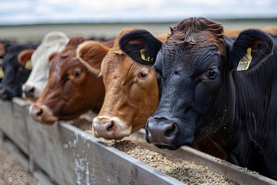 A Group of Cattle Lined Up at a Feeding Trough in an Agricultural Feedlot Depicting Modern Beef Production