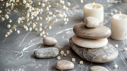 Beautiful composition with spa stones on grey marble table , zen stones on white, a white candle, flowers and stones. spa concept. relaxation