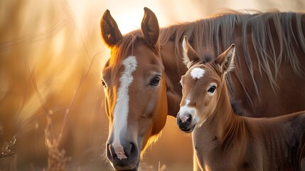 Newborn Foal Taking First Wobbly Steps Beside Protective Mother Horse in Glowing Countryside Sunset - obrazy, fototapety, plakaty