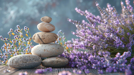 Obraz na płótnie Canvas Spa still life with stack of stones and lavenders, Beautiful orchid composition with spa stones on grey marble table , zen stones on white, a white candle, flowers and stones. spa concept. relaxation