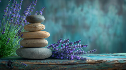 Spa still life with stack of stones and lavenders, Beautiful orchid composition with spa stones on...