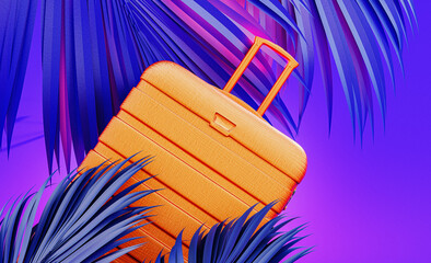 Fluorescent summer travel background. Orange luggage  with palm leaf decoration on vibrant purple background. 3D Rendering, 3D Illustration