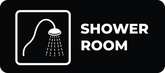 Black and white shower room with waters shadow signage vector illustration silhouette isolated on rectangle background. Simple flat cartoon styled drawing.