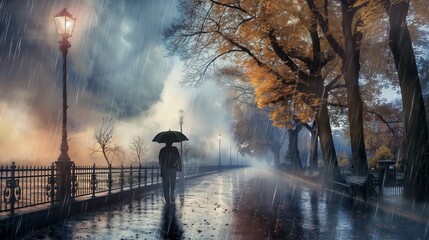 Silhouette of person holding umbrella on wet street during rainy day tall trees street light fences beside reflective street foggy atmosphere