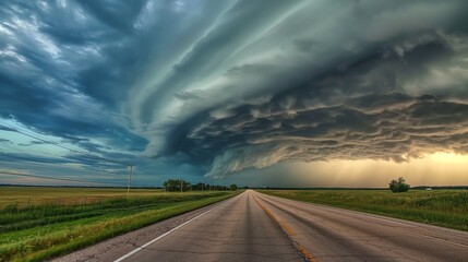 Supercell in sky view from country side road green grass field beside heavy rain came from clouds at horizon