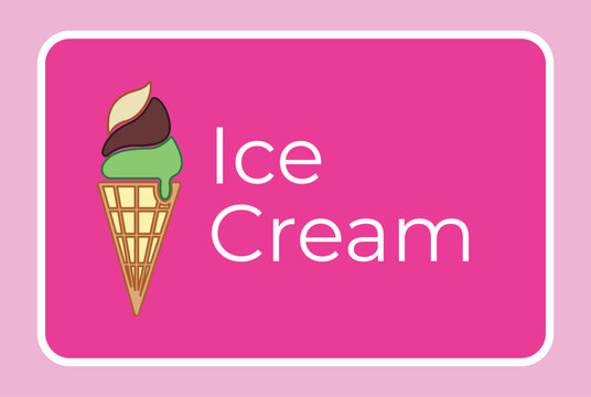 Colored vanilla, chocolate, and green matcha tasty sweet ice cream cone sign age vector illustration isolated on horizontal background. Simple flat cartoon styled drawing.
