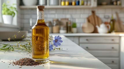 Flaxseed oil and flax seeds on the table. - obrazy, fototapety, plakaty