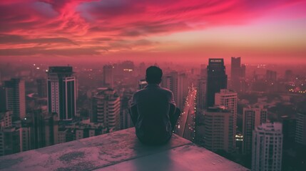 Silhouette of man sits on rooftop of tall building look at sunset over horizon with cityscape view...