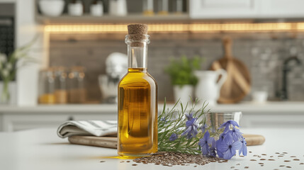 Flaxseed oil in a bottle and flax seeds on the table. - obrazy, fototapety, plakaty