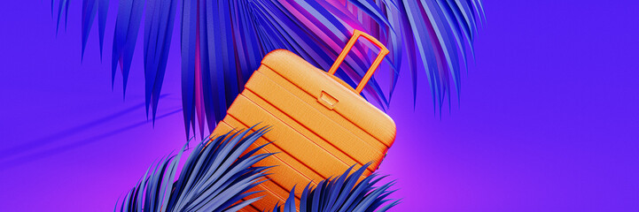 Fluorescent summer travel background. Orange luggage with palm leaf decoration on vibrant purple background with copy space. 3D Rendering, 3D Illustration