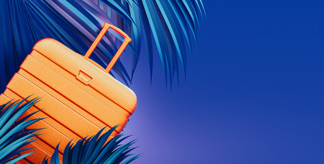 Fluorescent summer travel background. Orange luggage with palm leaf decoration on vibrant purple background with copy space. 3D Rendering, 3D Illustration - 783759341