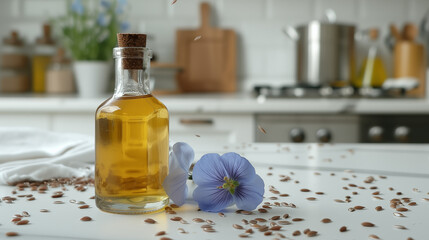 Flaxseed oil in a bottle and flax seeds.