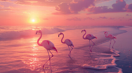 Naklejka premium .Sunset on the ocean with flamingos.