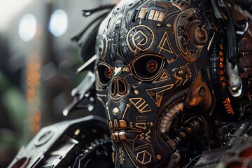 Mystic mech with etched Aztec facial designs, carbon fiber plumes, industrial setting - obrazy, fototapety, plakaty