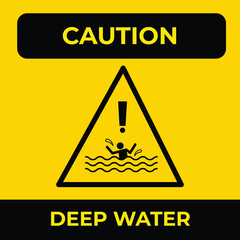 Caution deep water risk of drowning warning yellow triangle sign age sticker poster vector illustration isolated on square background. Simple flat cartoon styled drawing.