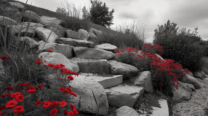 Rock garden with flowers, alpine slide, monochrome with top red