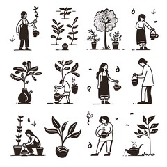 Delicate outline illustrations depict people engaging in coffee planting and processing, rendered as black sketches on a white background. - obrazy, fototapety, plakaty