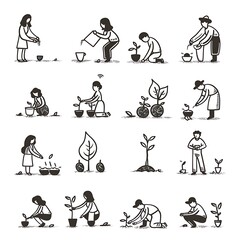 Delicate outline illustrations depict people engaging in coffee planting and processing, rendered as black sketches on a white background.