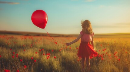 Little girl in dress holding floating red balloon on green grass field during day - Powered by Adobe