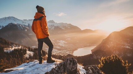 Hiker hiking man with jacket and hat standing on top of mountain during wintertime sunset mountain...
