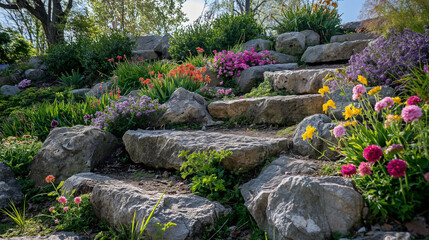 Rock garden with flowers, alpine slide, spring time