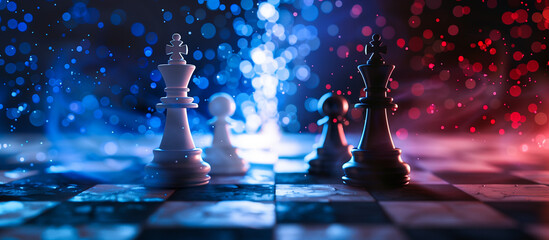 black with white chess on chessboard with bautiful bokeh glittering blue and red lights