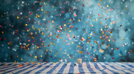An empty table decorated with scattered confetti. and a small blue and white checkered tablecloth. Viewers are invited to imagine the lively scenes that might appear on this attractive table. - Powered by Adobe