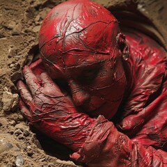 A haunting spectacle of a scarlet mummy emerging from its tomb, the dark soil contrasting its bright, ominous hue ,close up