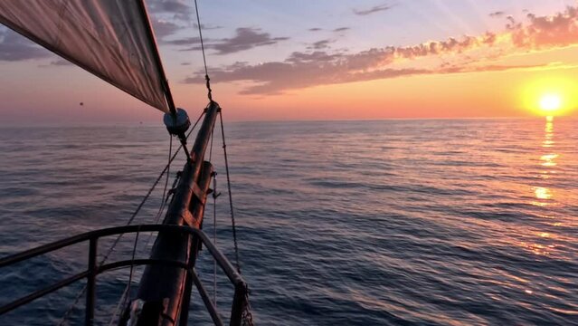 A sailing pirate yacht glides across the sea waves towards the setting sun. View on the sunset from the bow of the ship. Slow motion