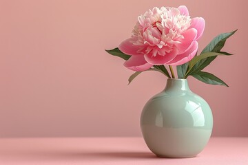 Green vase with pink flower